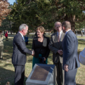 Dr Brendan Nelson greets the British High Commissioner, the Hon Menna Rawlings CMG while Prime Minister Abbott congratulates Air Marshal David Evans AC DSO AFC (Rtd), Chairman of the Magna Carta Committee of Australia, following unveiling of the commemorative plaque in Magna Carta Place.